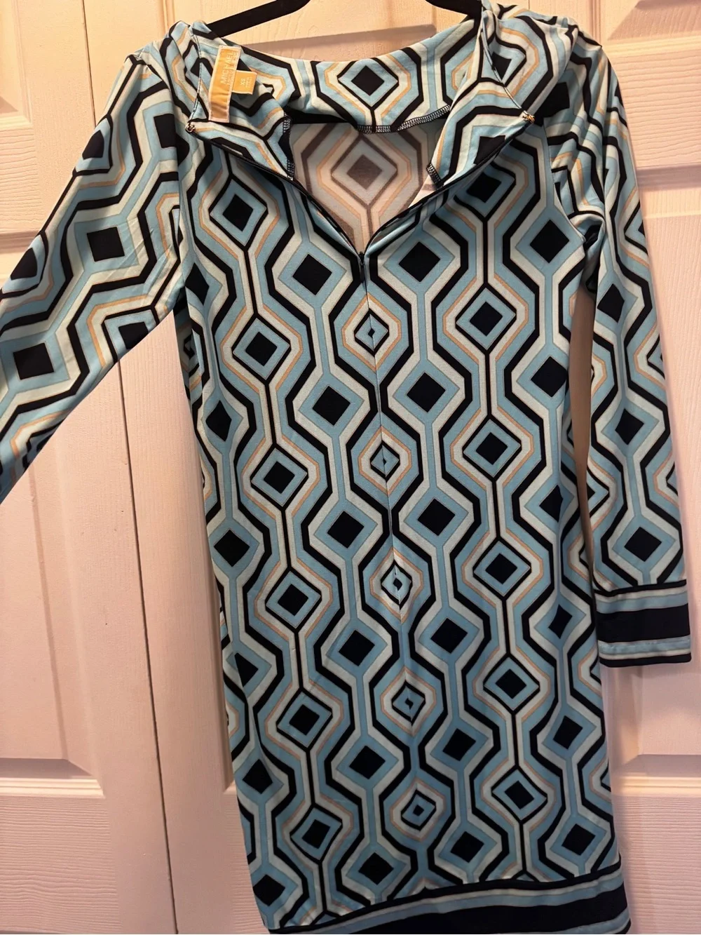 Michael Kors Long Sleeve Geometric Light Blue and Black Dress
